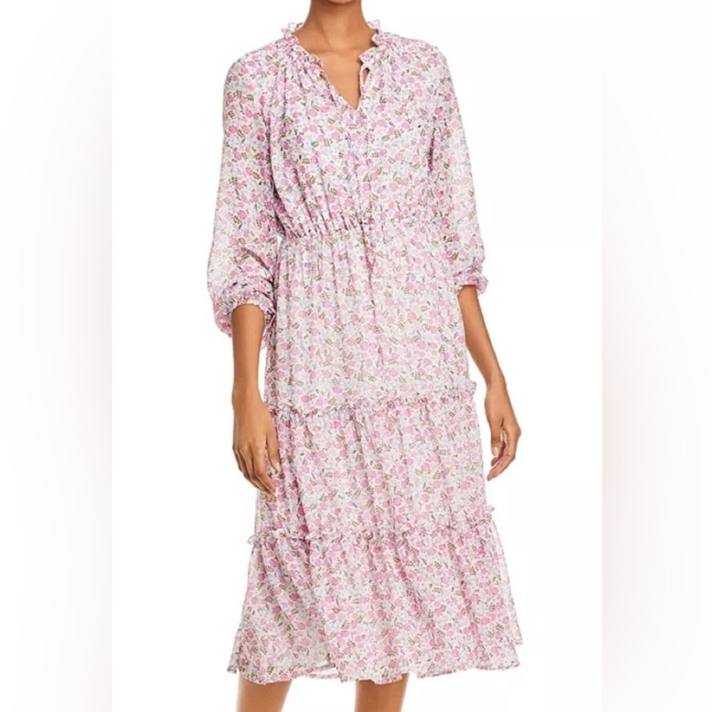 Aqua Pink Floral Print Ruffle Tiered Midi Dress Size L